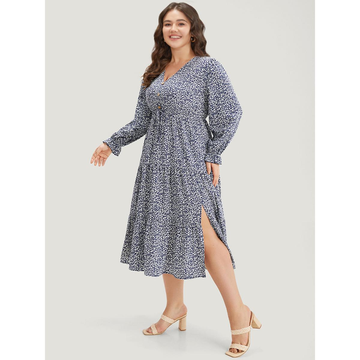 Plus Size Ditsy Floral Pocket Button Detail Split Hem Dress Indigo Women Elegant Elastic cuffs V-neck Long Sleeve Curvy Midi Dress BloomChic 18-20/2X Product Image