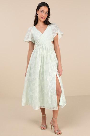 Hilly Light Mint Floral Jacquard Lace-Up Midi Dress Product Image