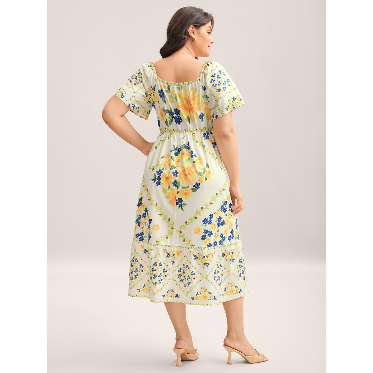 Plus Size Floral Fun Print Stretchy Waist Midi Dress Ivory Women Square Neck Short sleeve Curvy BloomChic 22-24/3X Product Image