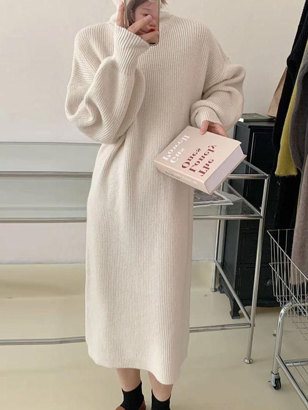 Long Sleeves Loose Solid Color High Neck Midi Dresses Sweater Dresses Product Image
