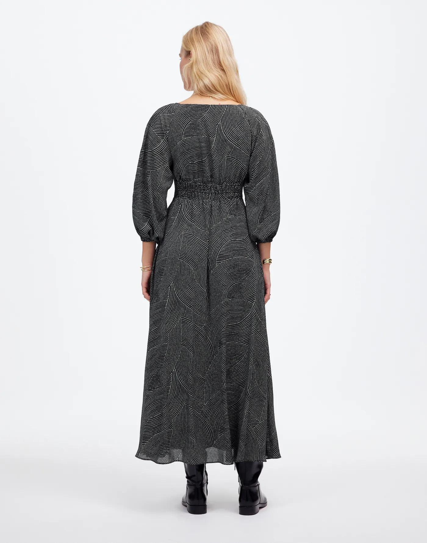 Balloon-Sleeve Ruched Midi Dress in Dot Product Image