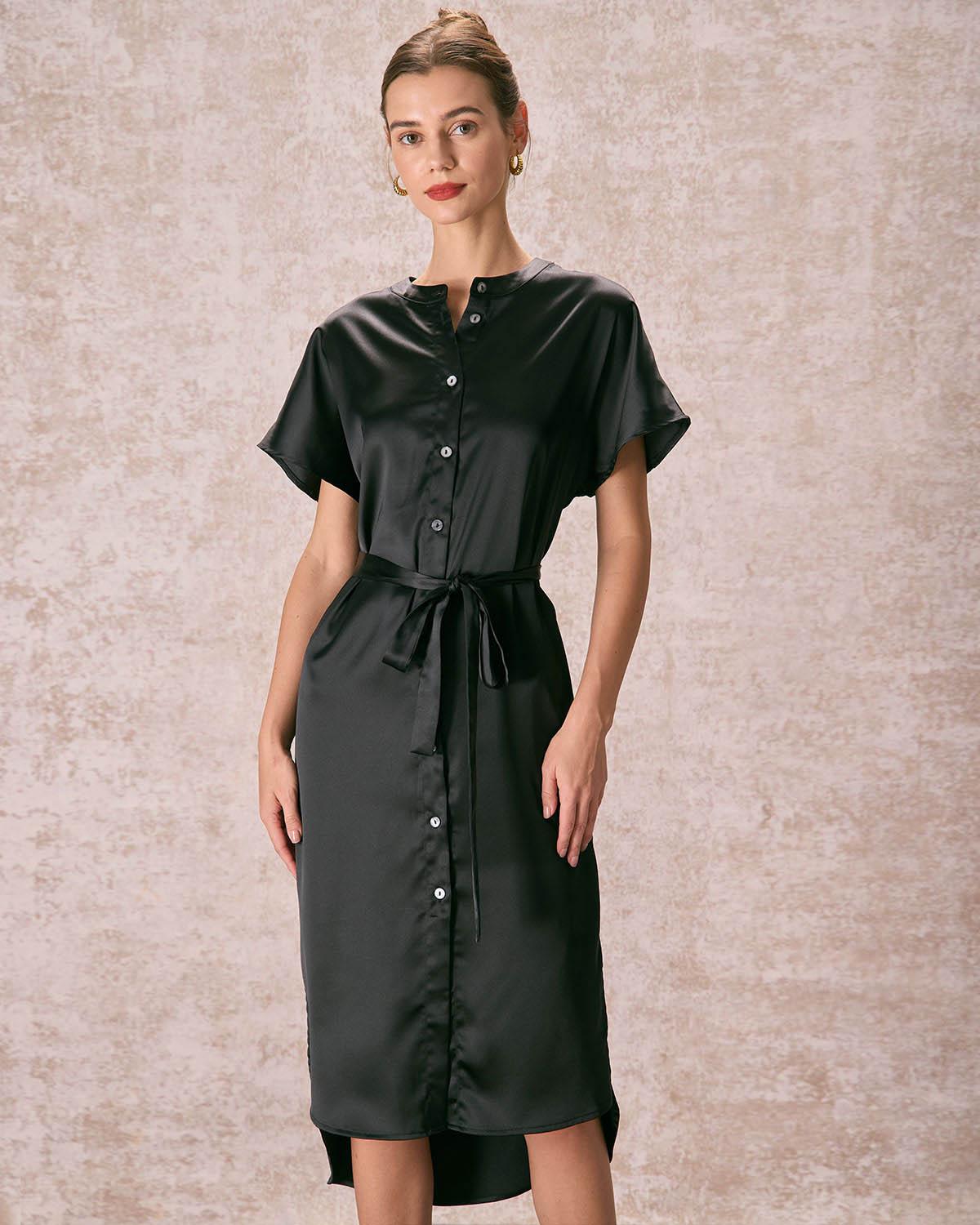 The Black Crew Neck Belted Satin Midi Dress Product Image