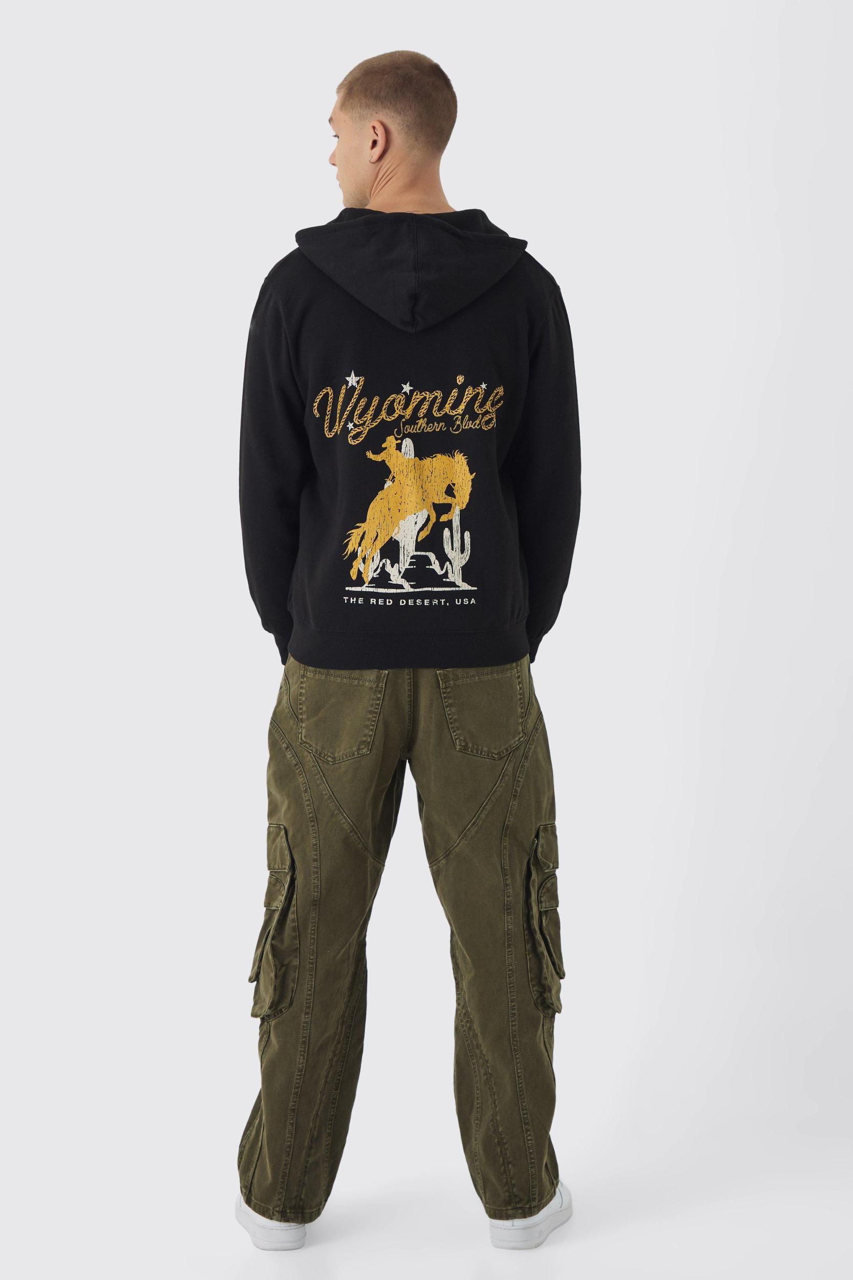 Regular Fit Over Seams Wyoming Western Graphic Zip Through Hoodie | boohooMAN USA Product Image