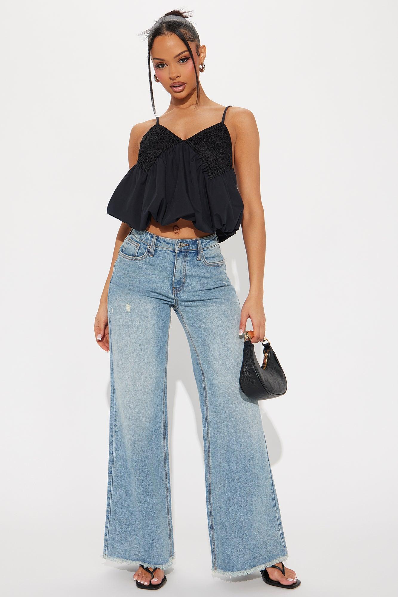 Flowers Blooming Bubble Hem Top - Black Product Image