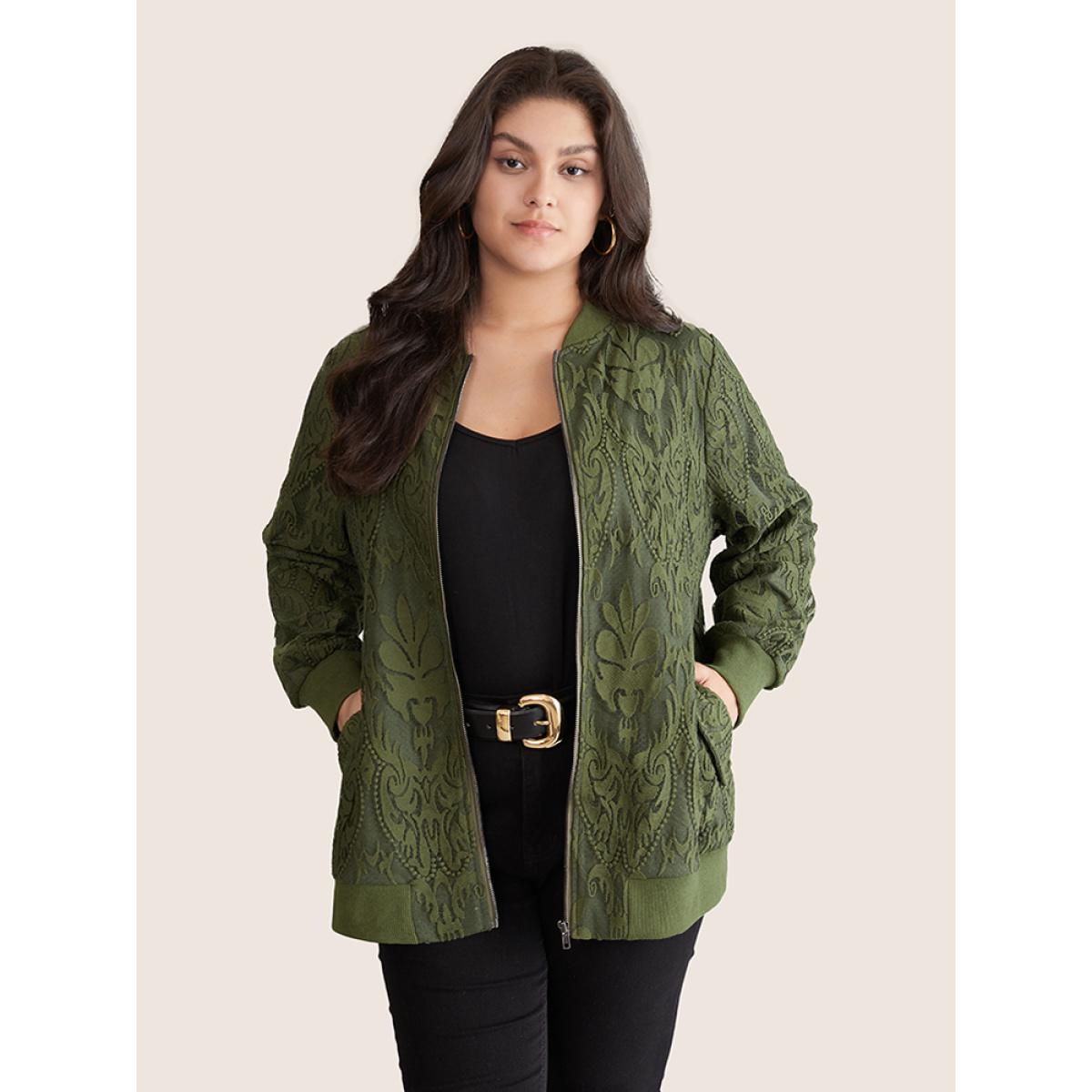 Plus Size Silhouette Floral Print Zipper Lace Panel Jacket Women ArmyGreen Elastic cuffs Pocket Everyday Jackets BloomChic 28/5X Product Image