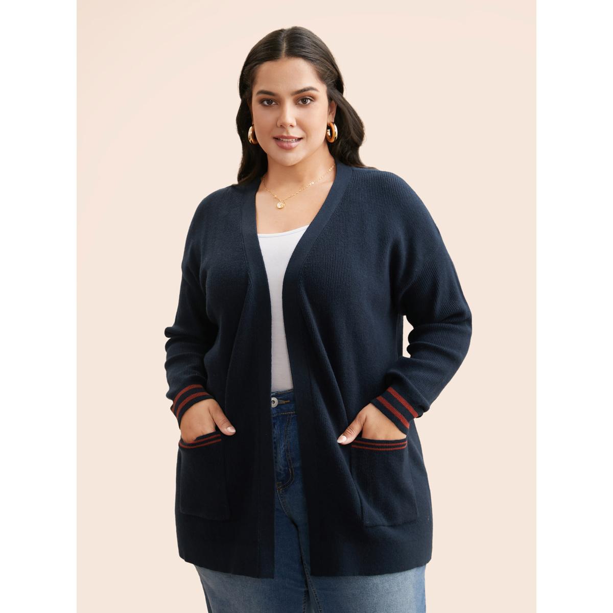 Plus Size Supersoft Essentials Contrast Striped Kimono Collar Cardigan Midnight Women Casual Loose Long Sleeve Everyday Cardigans BloomChic 12/L Product Image