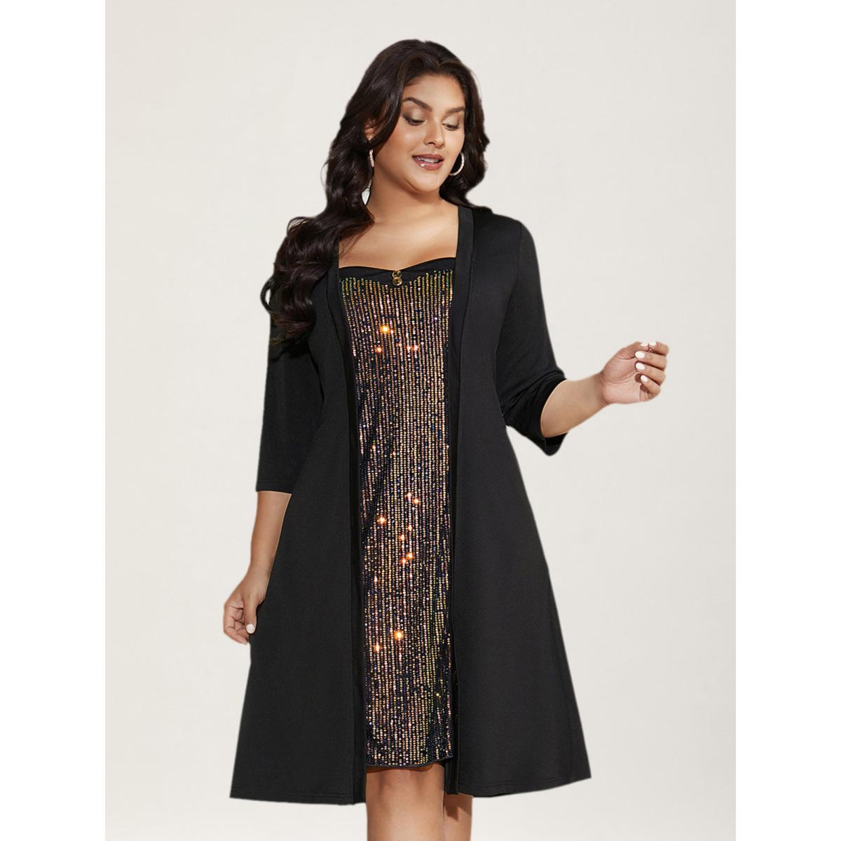 Plus Size Heart Neckline Patchwork Sequin Button Detail Dress Black Women Party&Cocktail Texture Party Curvy Bloomchic 18-20/2X Product Image