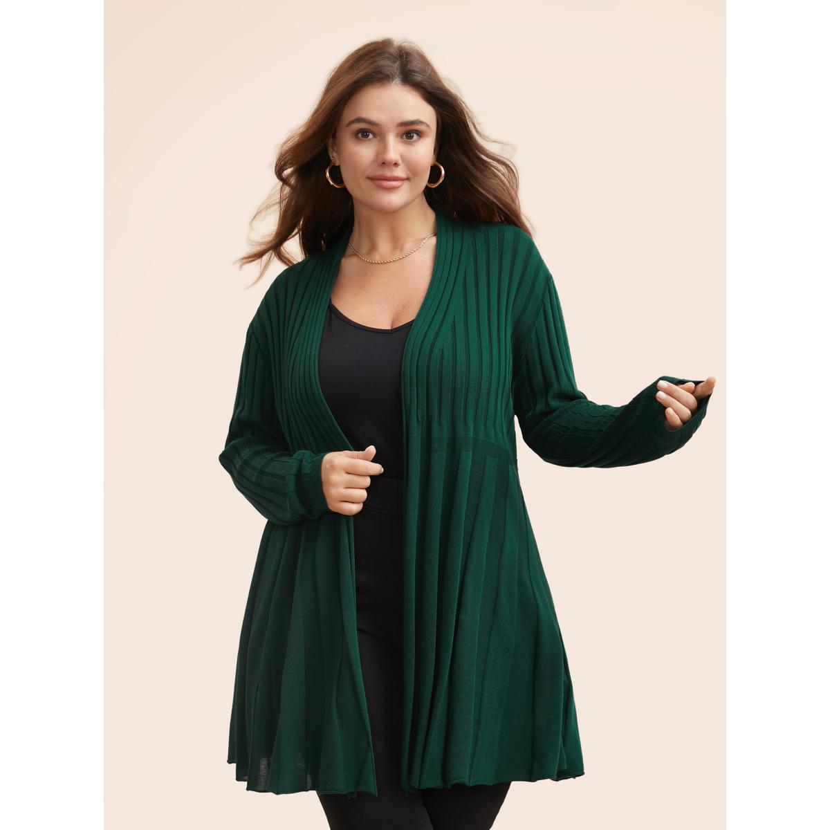 Plus Size Plain Textured Kimono Collar Cardigan DarkGreen Women Timeless Loose Long Sleeve Elegant Cardigans BloomChic 22-24/3X Product Image