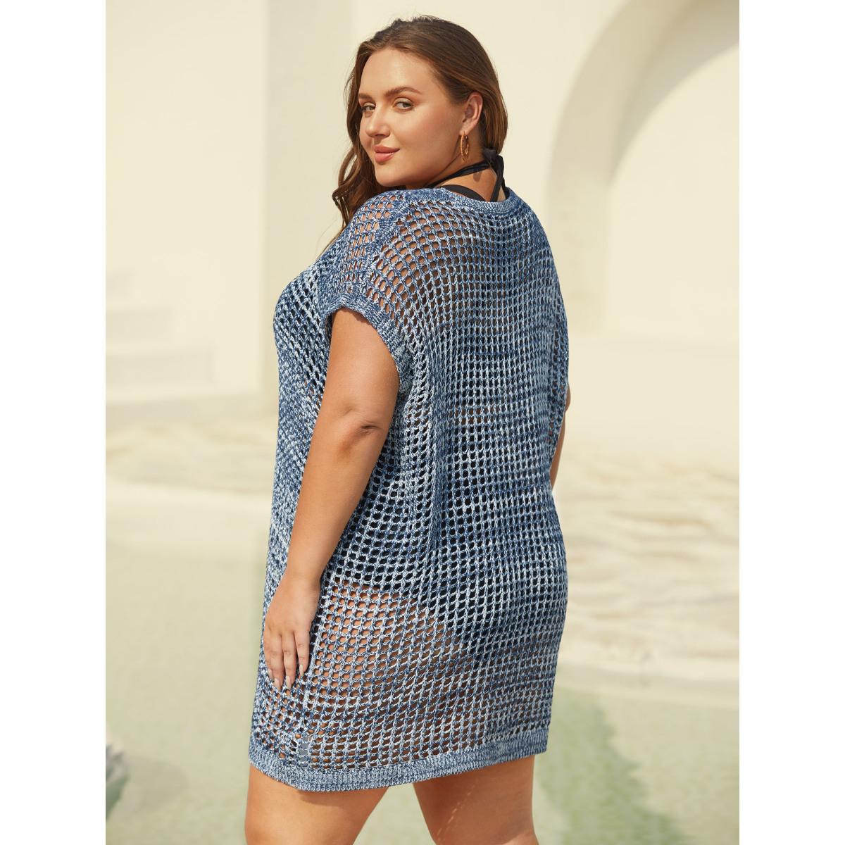 Plus Size Color Contrast Cut-Out Swim Cover-Up Women's Swimwear Indigo Beach Loose Texture Curve Swim Cover Ups BloomChic 18-20/2X Product Image