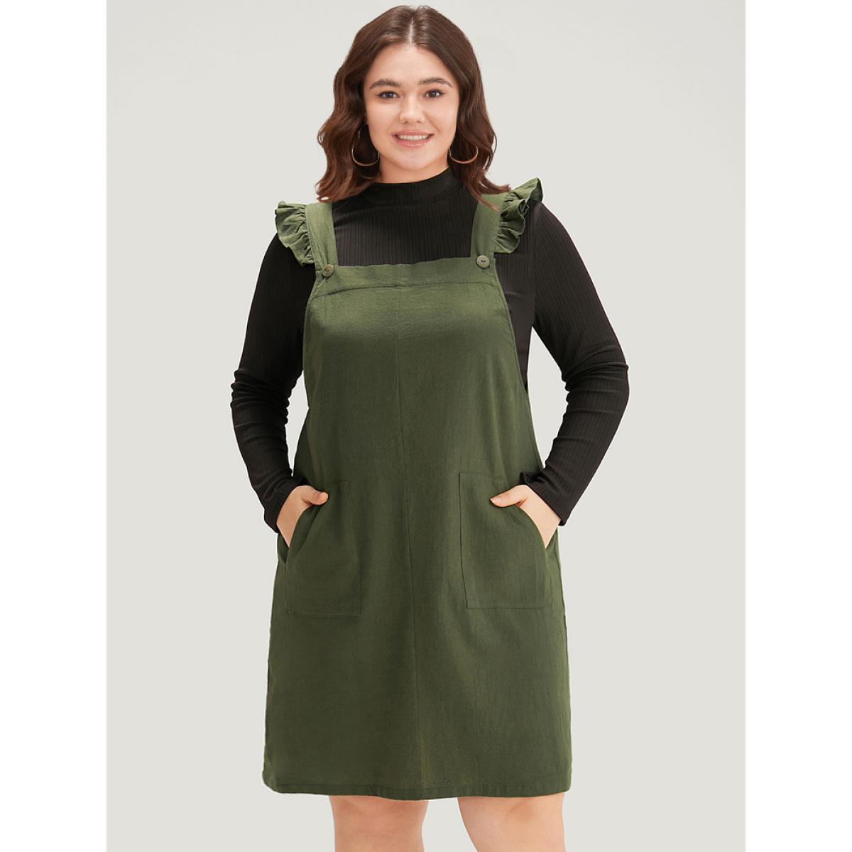 Plus Size Solid Square Neck Button Up Pocket Ruffle Trim Cami Dress ArmyGreen Women Casual Plain Spaghetti Strap Sleeveless Curvy Knee Dress BloomChic 10/M Product Image