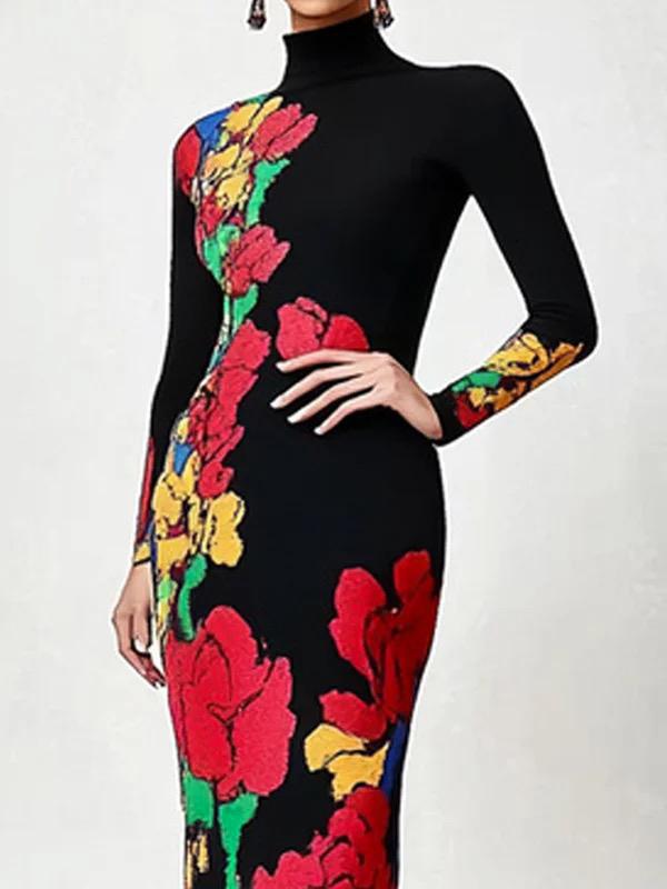 Skinny Flower Print Multi-Colored High Neck Maxi Dresses Product Image