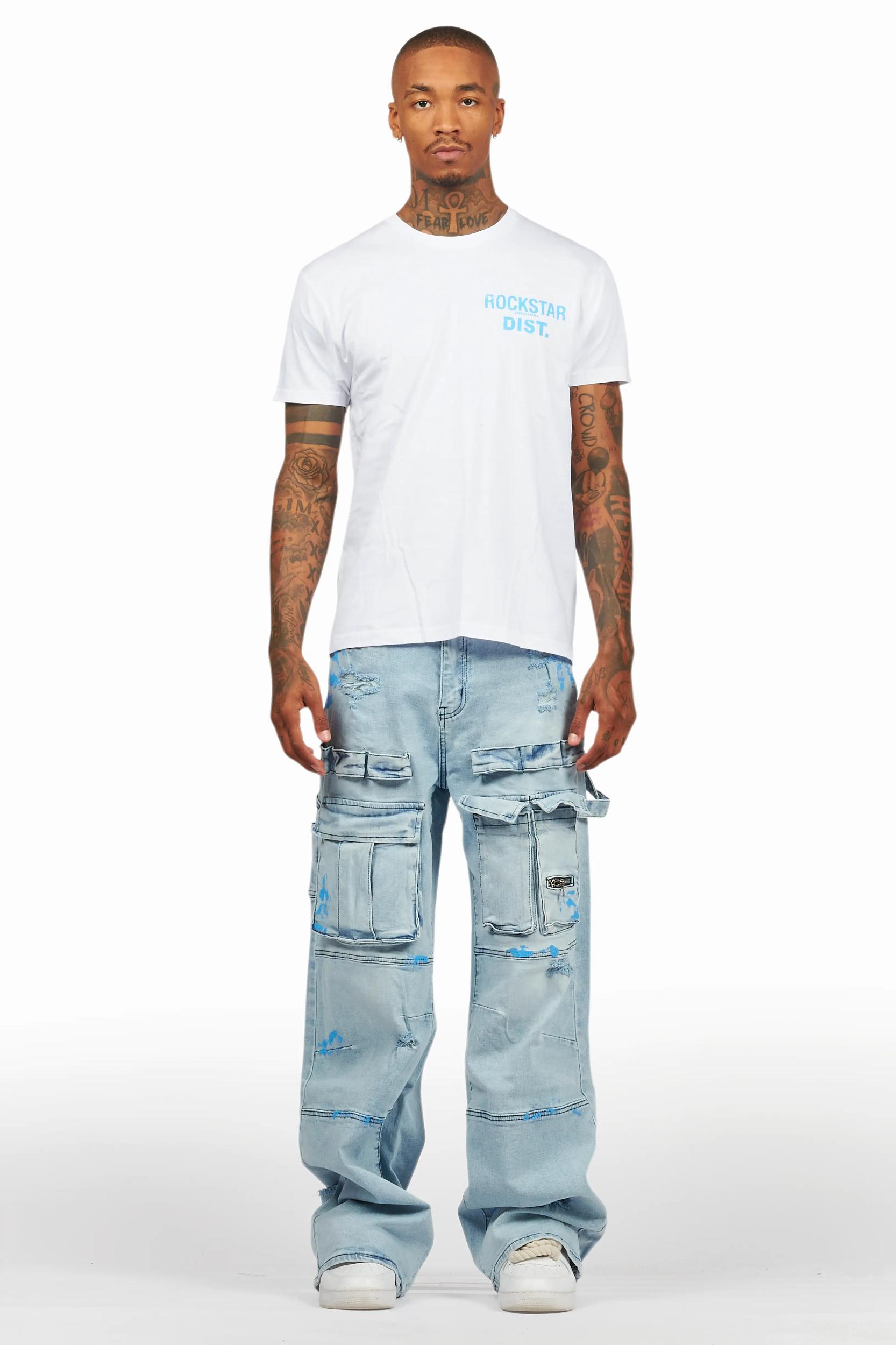 Lake White/Blue T-Shirt/Baggy Fit Cargo Jean Set Male Product Image