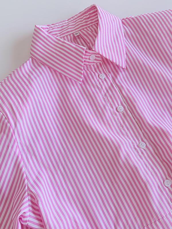 Long Sleeves Loose Asymmetric Split-Joint Striped Lapel Blouses Product Image