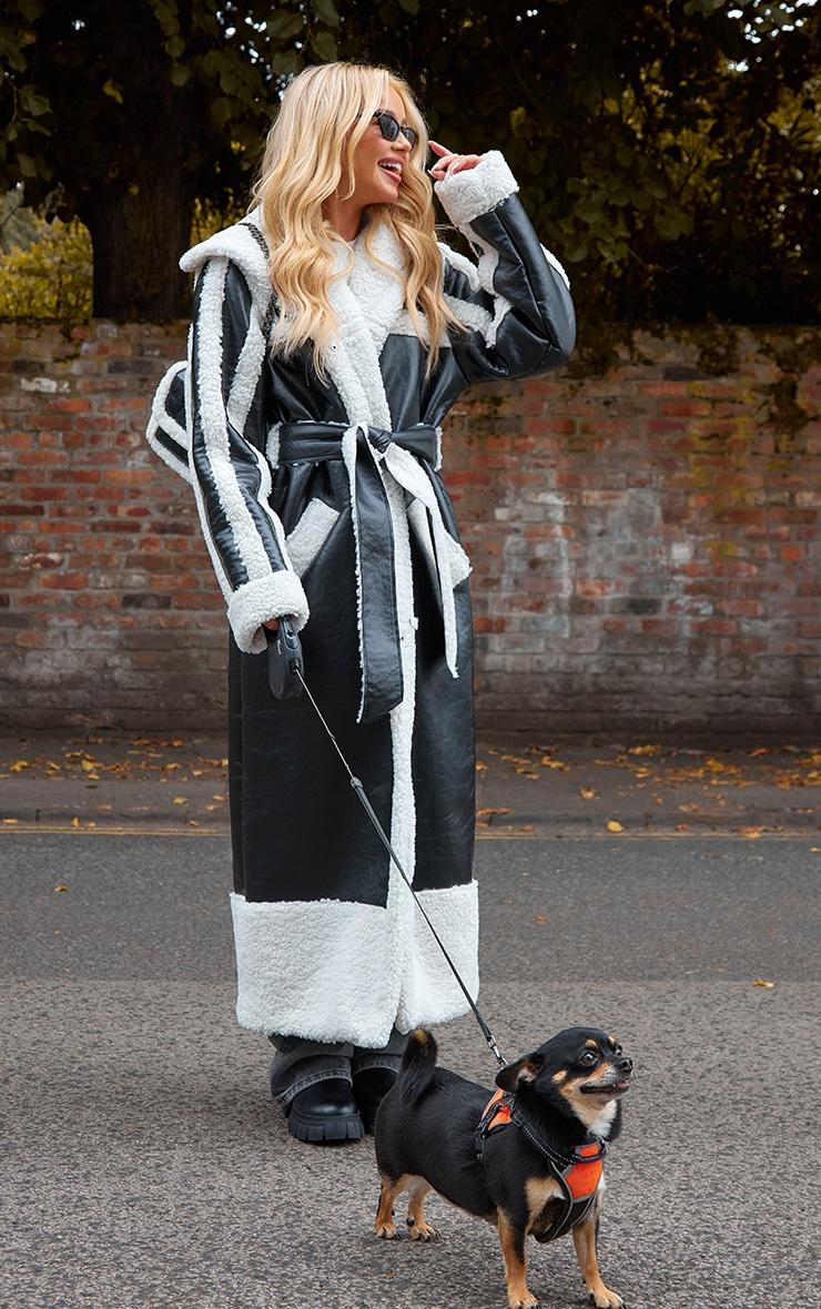 Black Faux Leather Oversized Lapel Borg Lined Belted Coat Product Image