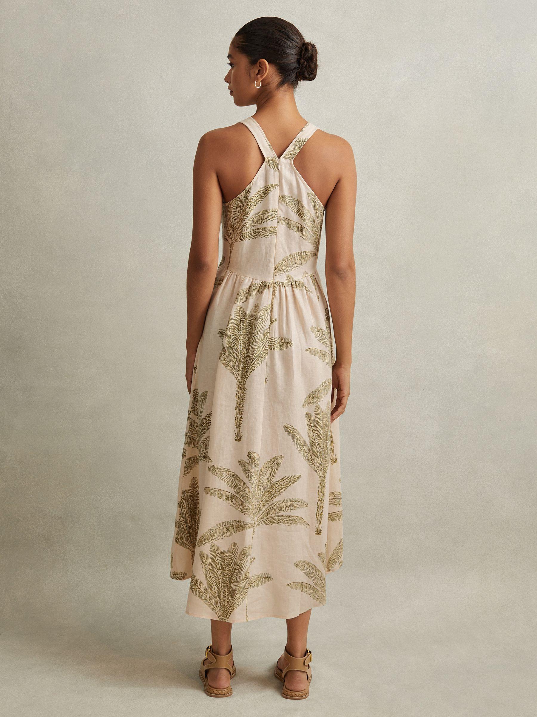 100% Linen Tropical Print Midi Dress in Neutral/Green Product Image