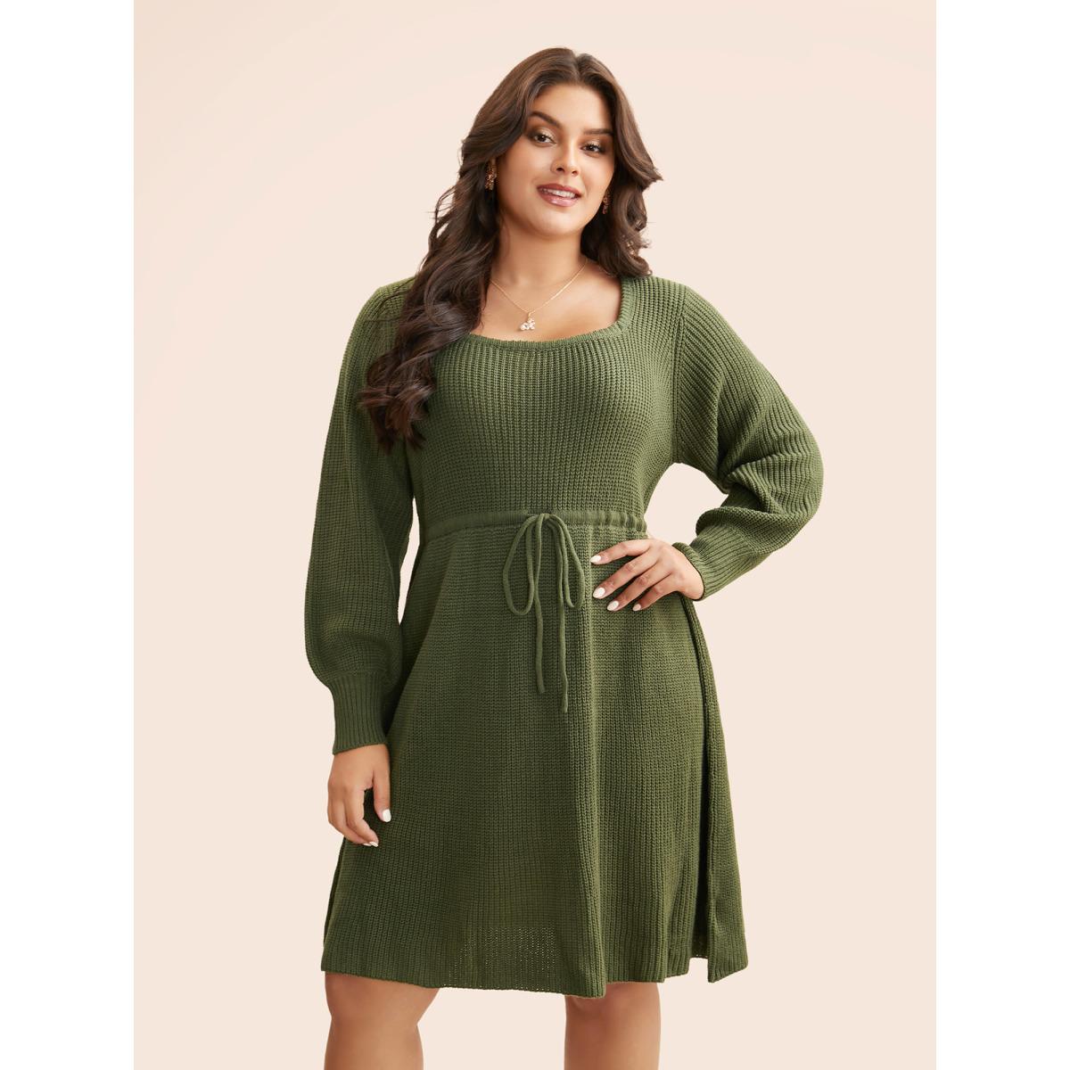 Plus Size Square Neckline Waist-Tie Midi Sweater Dress ArmyGreen Women Casual Bodycon Long Sleeve Everyday Sweater Dresses BloomChic 26/4X Product Image