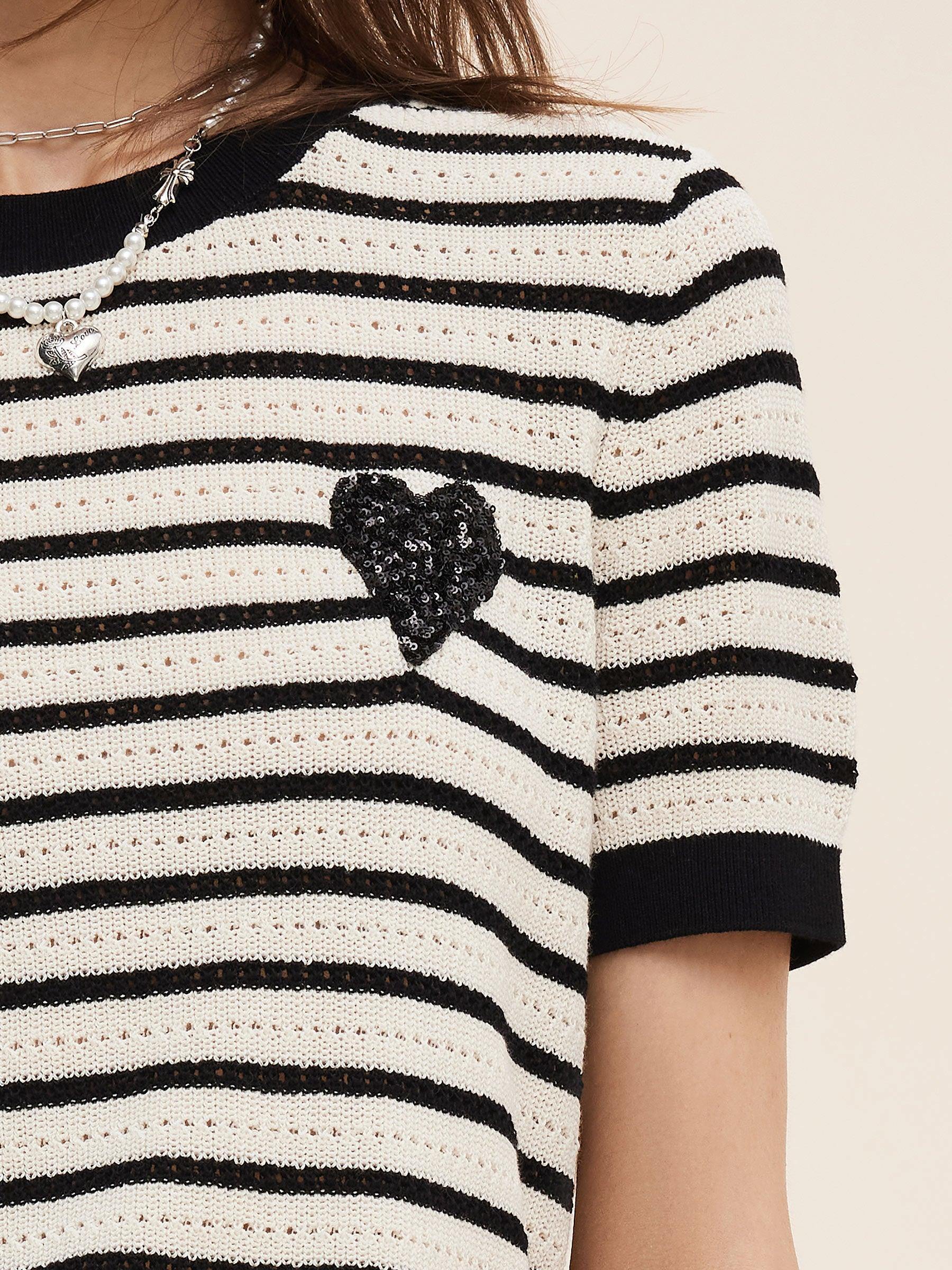 100% Cotton Stripe Women Openwork Knit T-Shirt Product Image