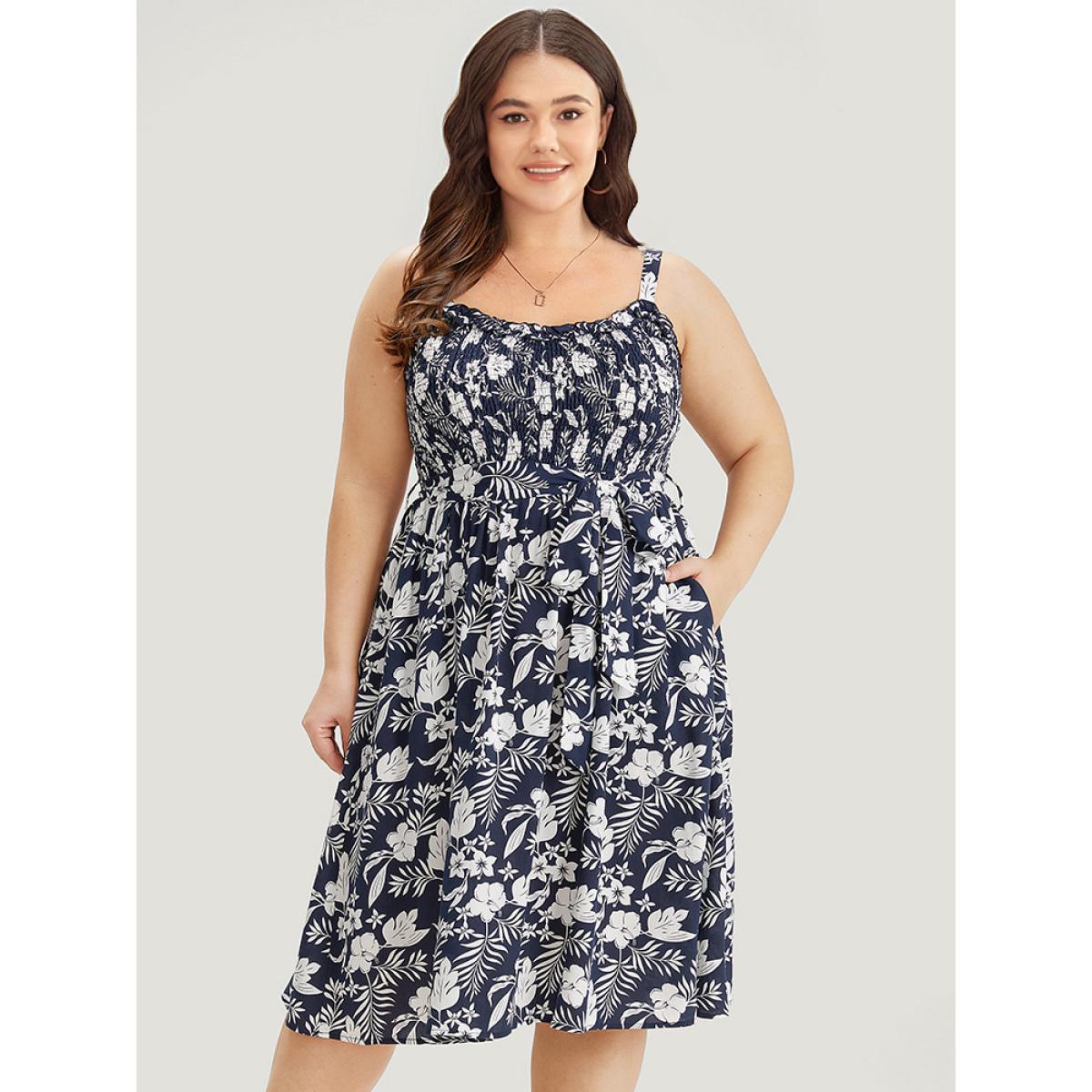 Plus Size Floral Print Spaghetti Strap Shirred Belted Pocket Dress DarkBlue Women Elegant Belted Spaghetti Strap Sleeveless Curvy Midi Dress BloomChic 30/6X Product Image
