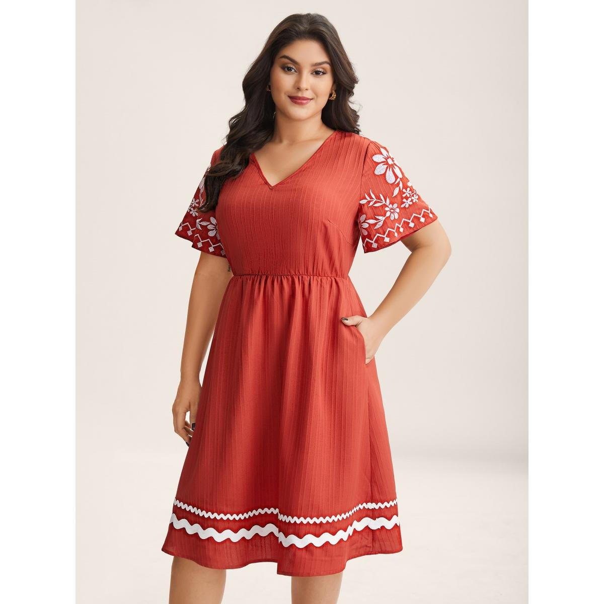 Plus Size Embroidered Sleeve Cinched-Waist Midi Dress Rust Women V-neck Short sleeve Curvy BloomChic 12/L Product Image