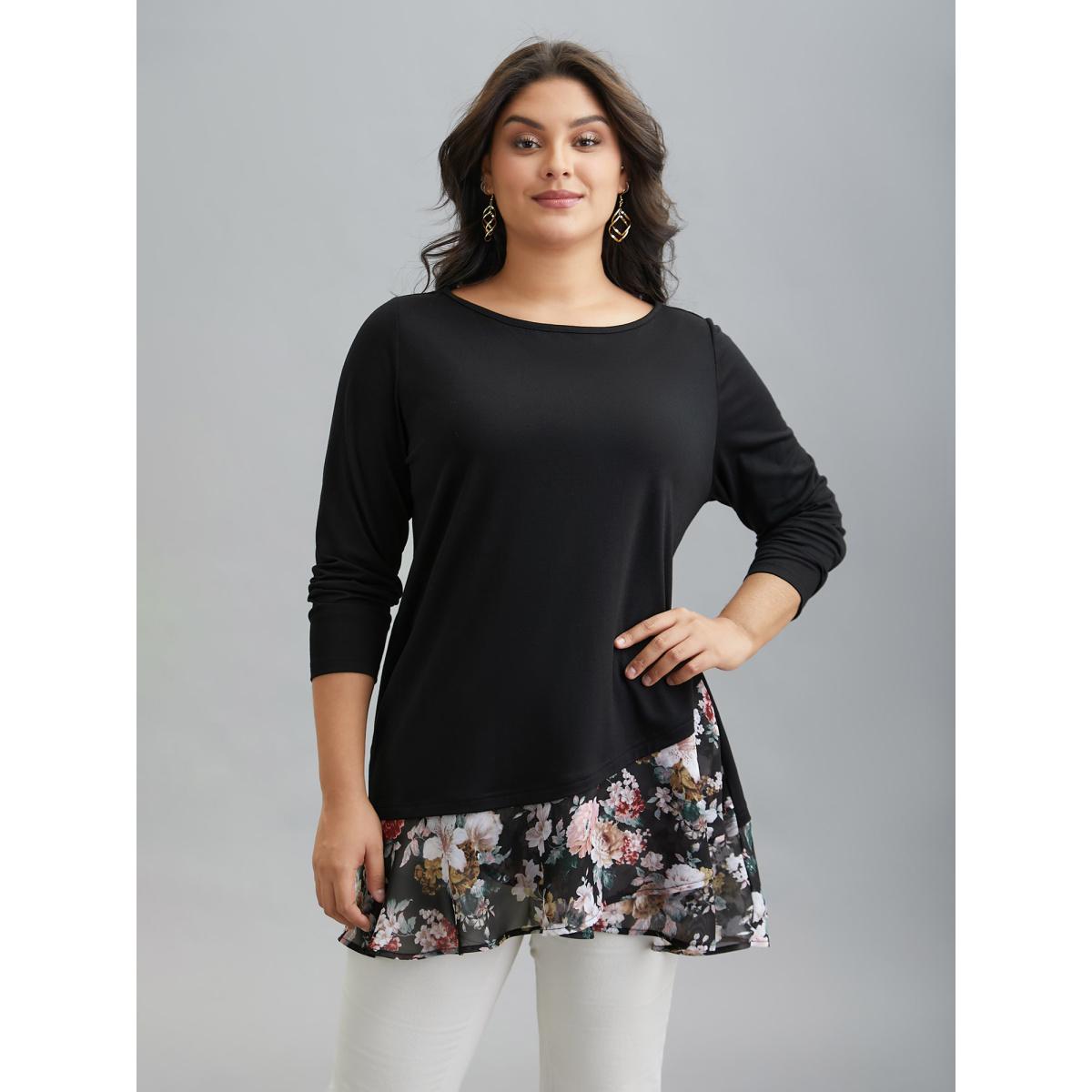 Plus Size Floral Print Contrast Round Neck T-Shirt Black Women Elegant Overlapping Natural Flowers Boat Neck Loose Everyday T-shirts BloomChic 18-20/2X Product Image