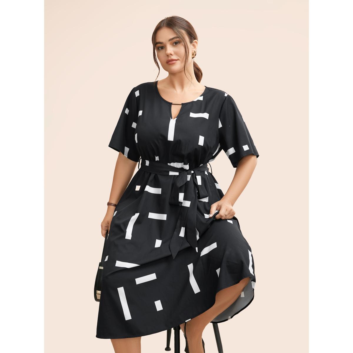 Plus Size Geometric Print Keyhole Pocket Midi Dress Black Women At the Office Belted Round Neck Short sleeve Curvy BloomChic 22-24/3X Product Image