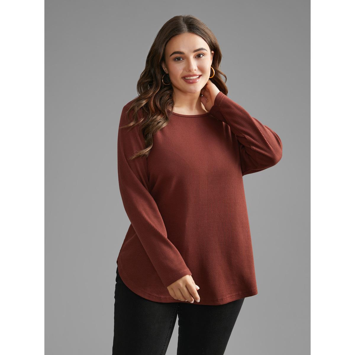 Plus Size Waffle Knit Button Detail Arc Hem T-shirt Rust Women Casual Texture Round Neck Everyday T-shirts BloomChic 12/L Product Image