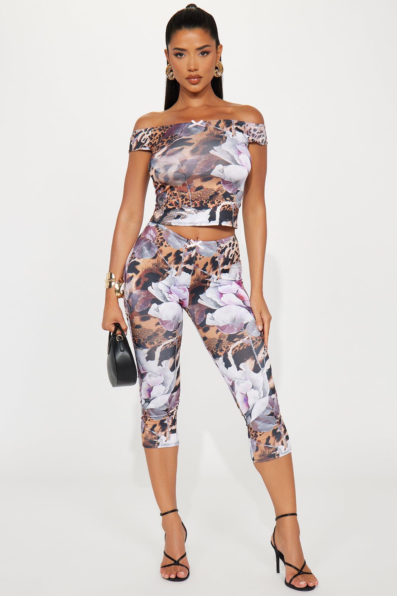 Wild Bloom Off Shoulder Pant Set - Brown Combo Product Image