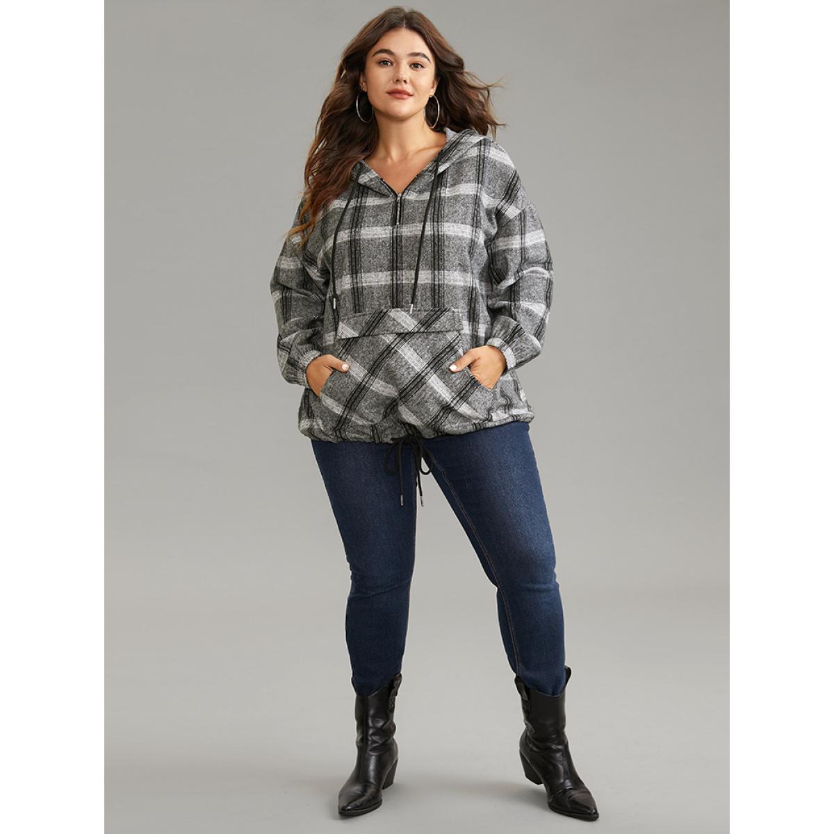 Plus Size Plaid Half Zip Pocket Hooded Sweatshirt Women DimGray Casual Elastic cuffs Hooded Everyday Sweatshirts BloomChic 14-16/1X Product Image