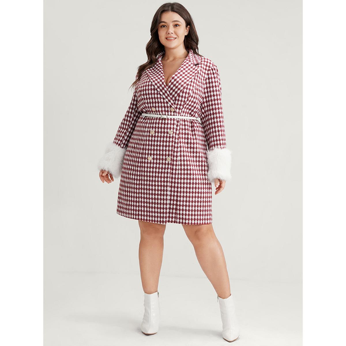 Plus Size Gingham Fuzzy Trim Button Front Blazer Scarlet Women Dailywear Gingham Button Sleeve Long Sleeve Suit Collar 30/6X Elegant Blazers BloomChic Product Image