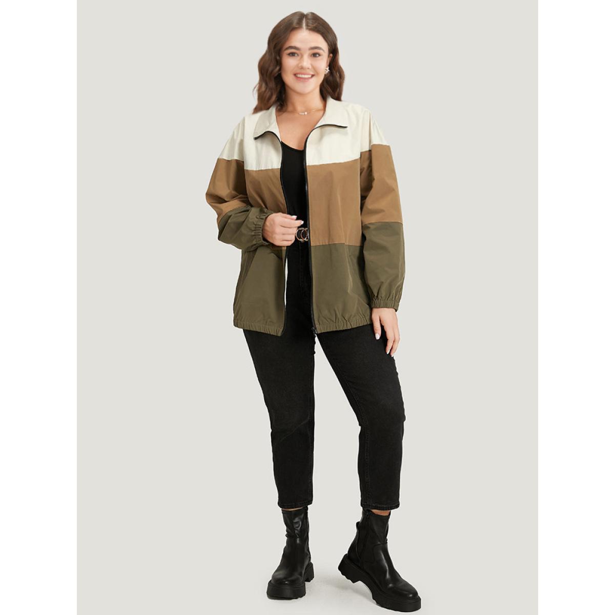 Plus Size Colorblock Contrast Zipper Pocket Elastic cuffs Coat Women Multicolor Casual Elastic cuffs Ladies Dailywear Winter Coats BloomChic 10/M Product Image