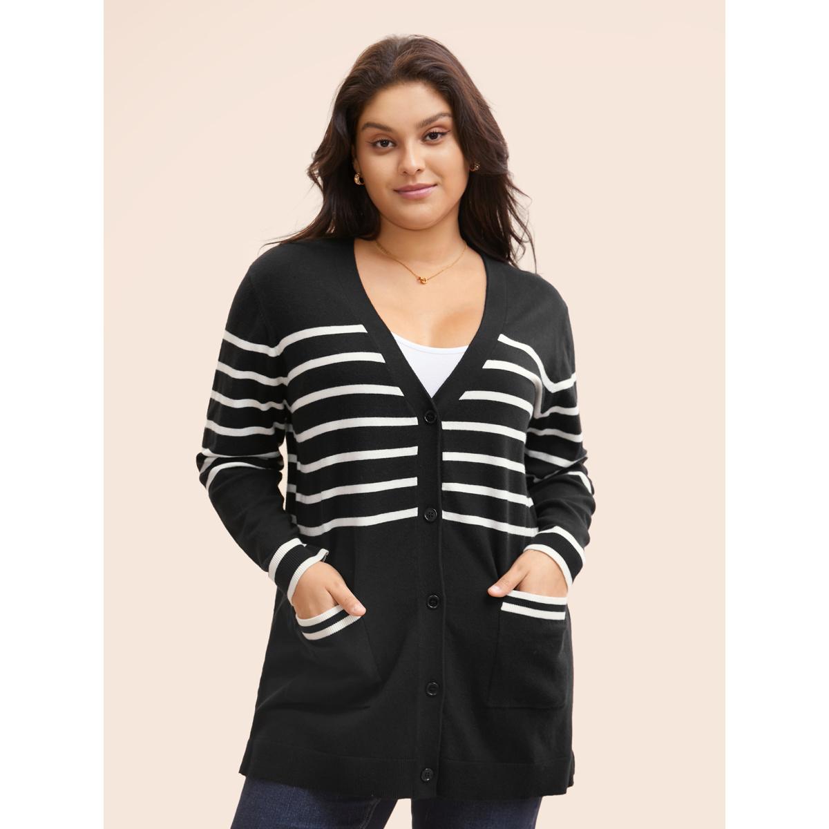 Plus Size Striped V Neck Button Up Pocket Cardigan Black Women Casual Loose Long Sleeve Everyday Cardigans BloomChic 22-24/3X Product Image