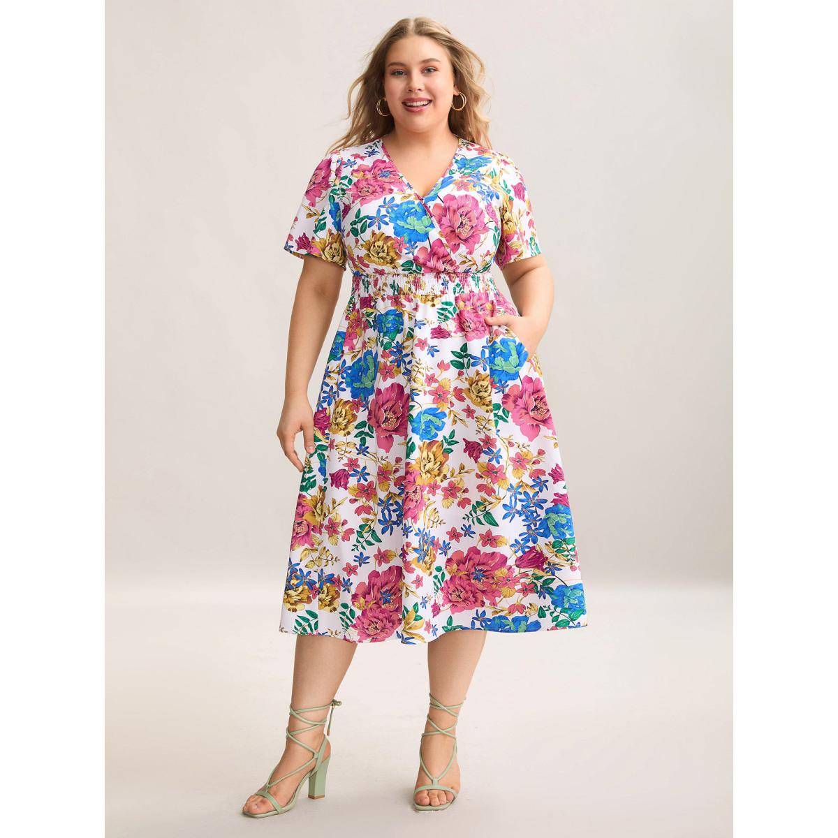 Plus Size Blooming Flowers Surplice Neck Pockets Dress Ivory Women Elegant Shirred Overlap Collar Short sleeve Curvy BloomChic 26/4X Product Image