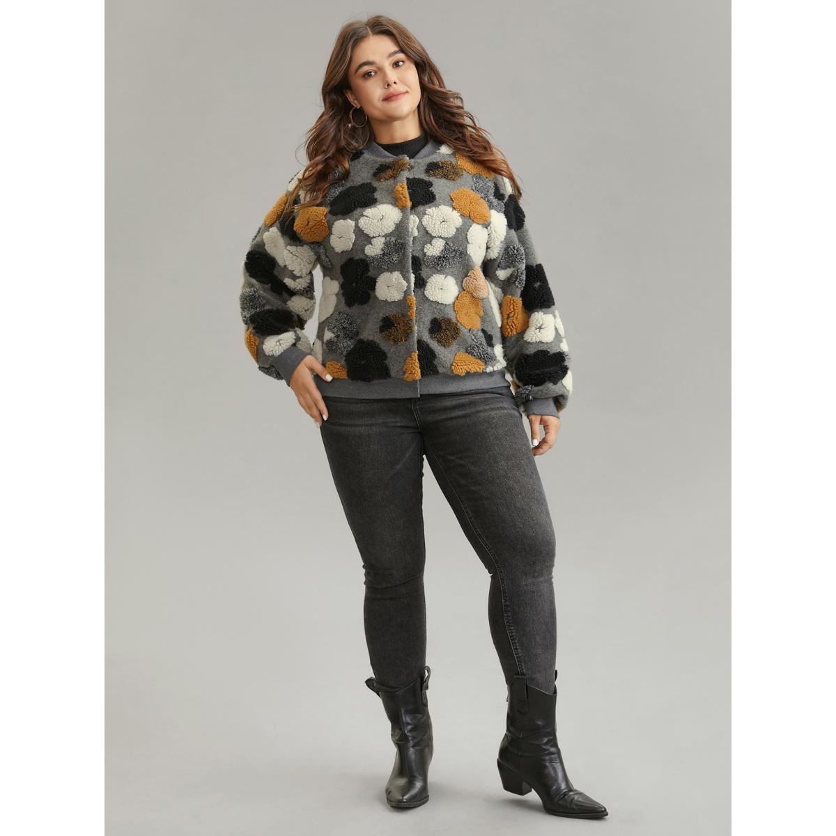 Plus Size Floral Contrast Button Up Jacquard Fluffy Jacket Women Gray Elastic cuffs Pocket Dailywear Jackets BloomChic 12/L Product Image