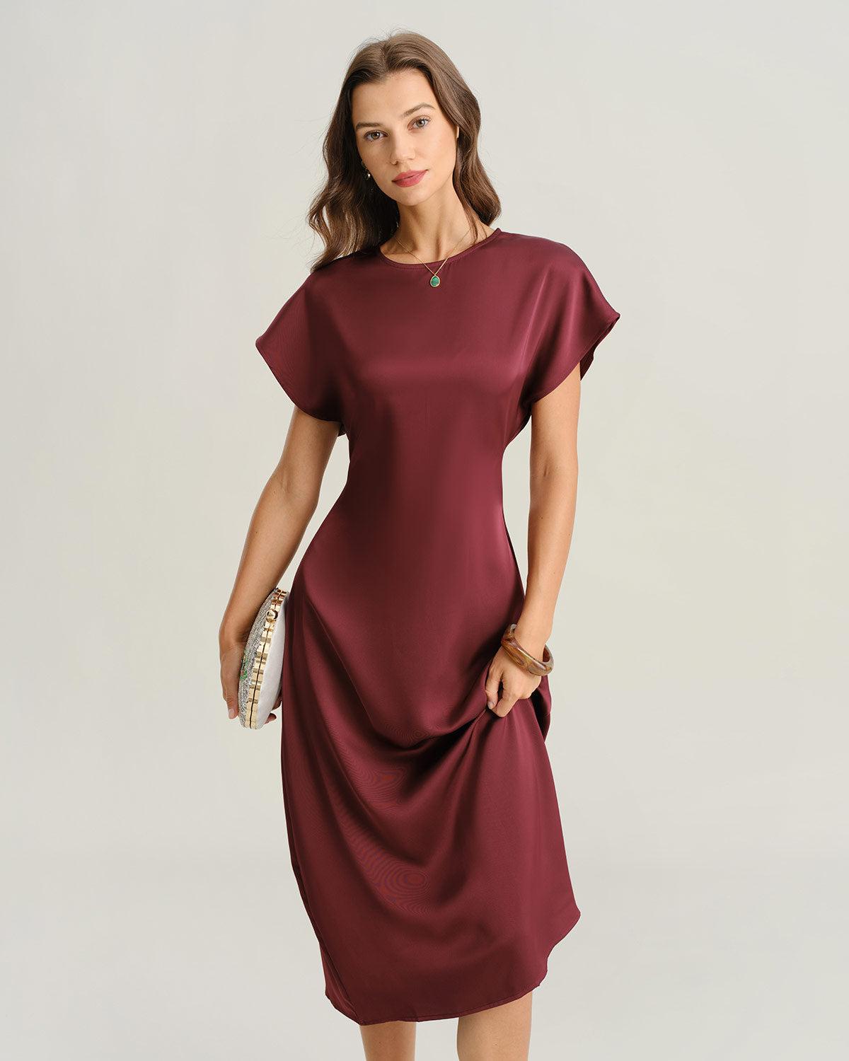 Red Satin Cowl Sleeve A-Line Midi Dress Product Image
