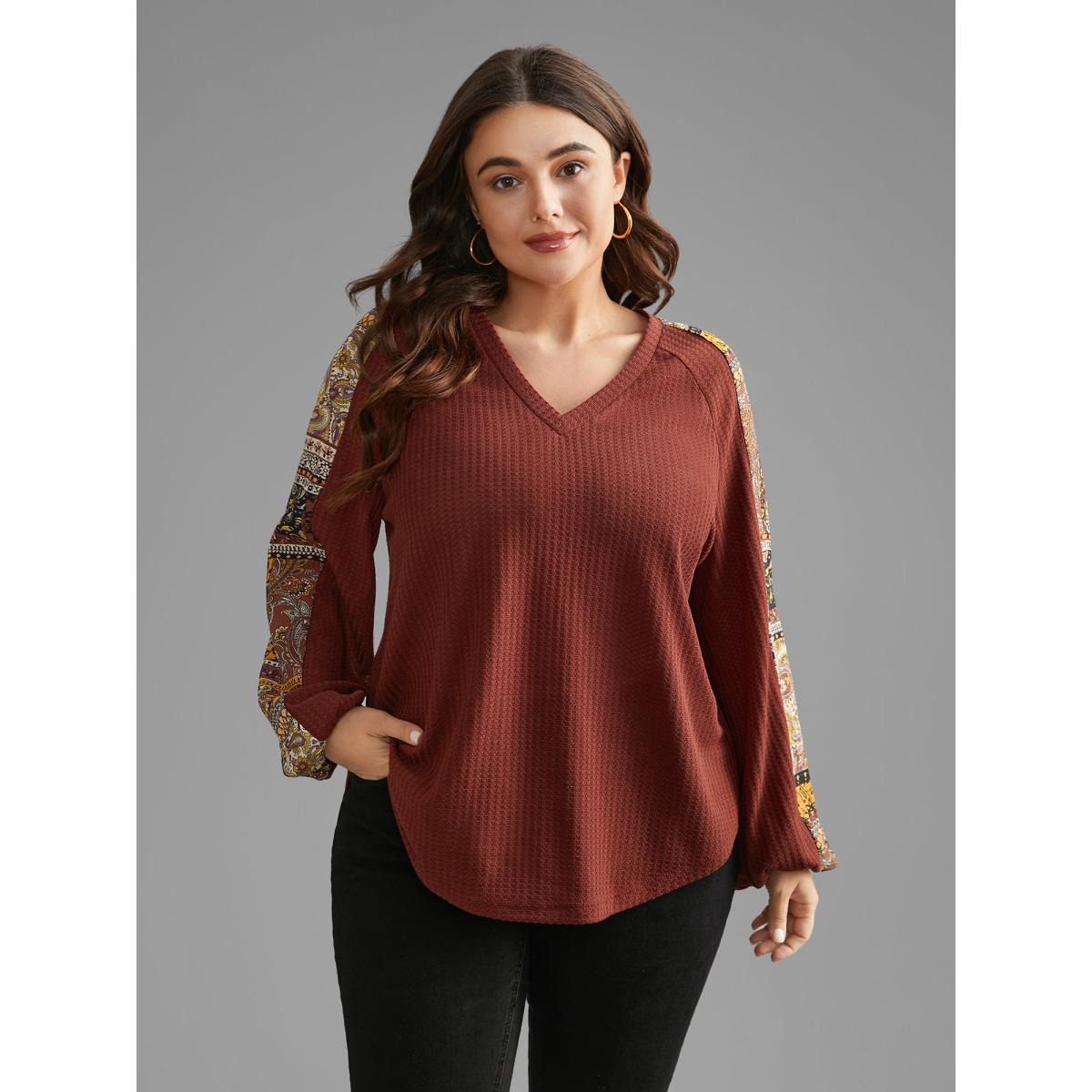 Plus Size Bandana Patchwork Waffle Knit T-shirt Maroon Women Casual Texture V-neck Loose Everyday T-shirts BloomChic 12/L Product Image
