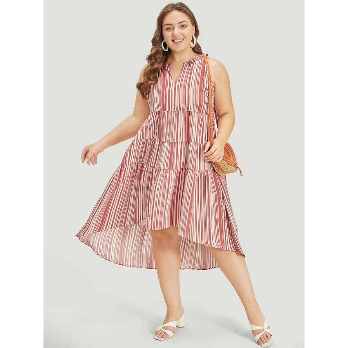 Plus Size Striped Pocket Notched Ruffle Layered Hem Dress Russet Women Vacation V-neck Sleeveless Curvy Knee Dress BloomChic 10/M Product Image