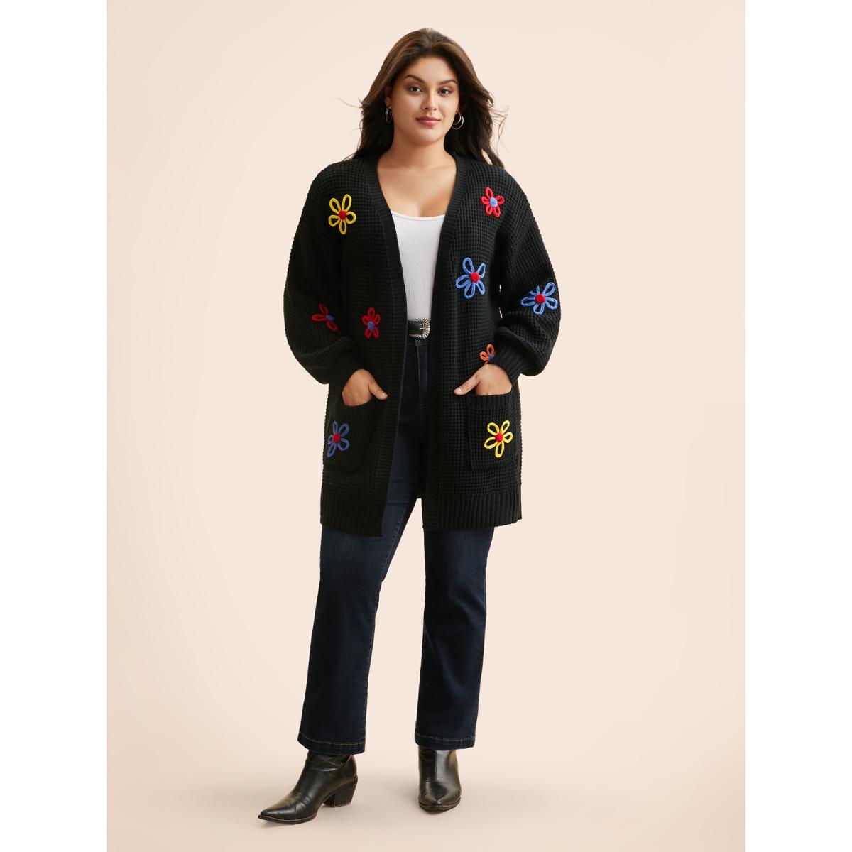 Plus Size Crochet Floral Puff Sleeve Pocket Cardigan Black Women Casual Loose Long Sleeve Everyday Cardigans BloomChic 28/5X Product Image