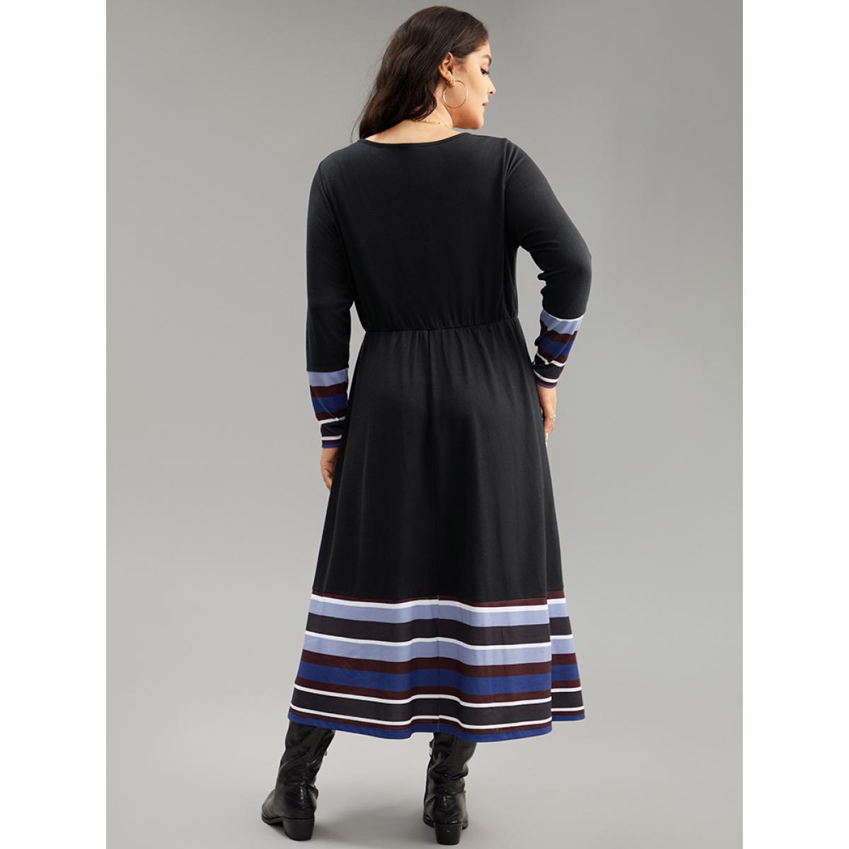 Plus Size Striped Patchwork Contrast Crew Neck Dress Black Women Casual Contrast Round Neck Long Sleeve Curvy Midi Dress BloomChic 14-16/1X Product Image