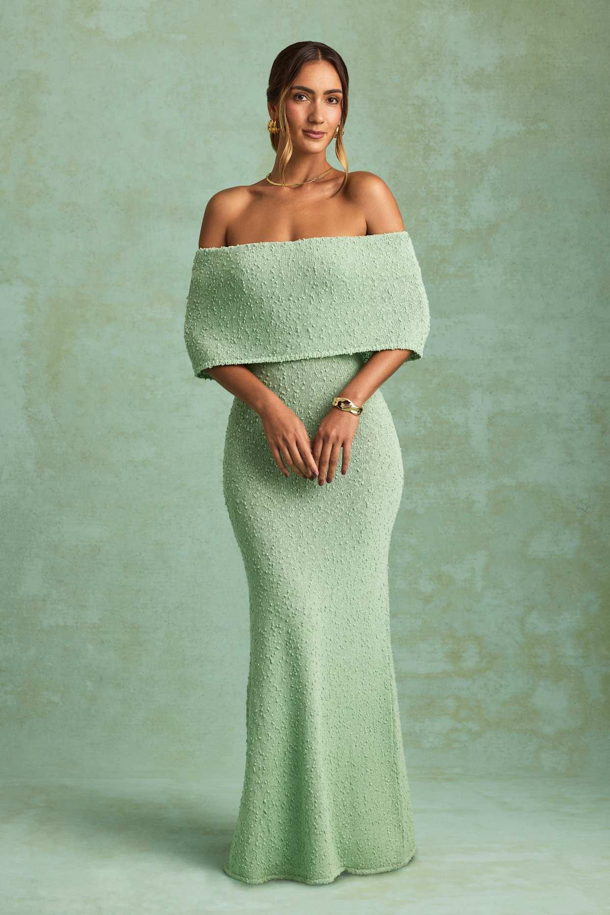 Bouclé Off-Shoulder Maxi Dress in Mint Girls Product Image