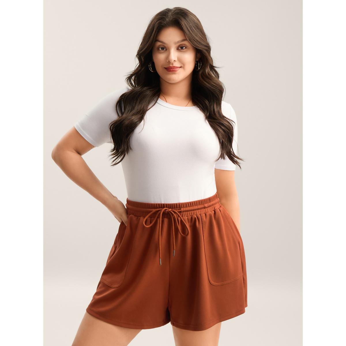 Plus Size Drawstring Split Wide-Leg Shorts Women Rust Casual Drawstring Wide Leg Everyday-Casual Shorts BloomChic 30/6X Product Image