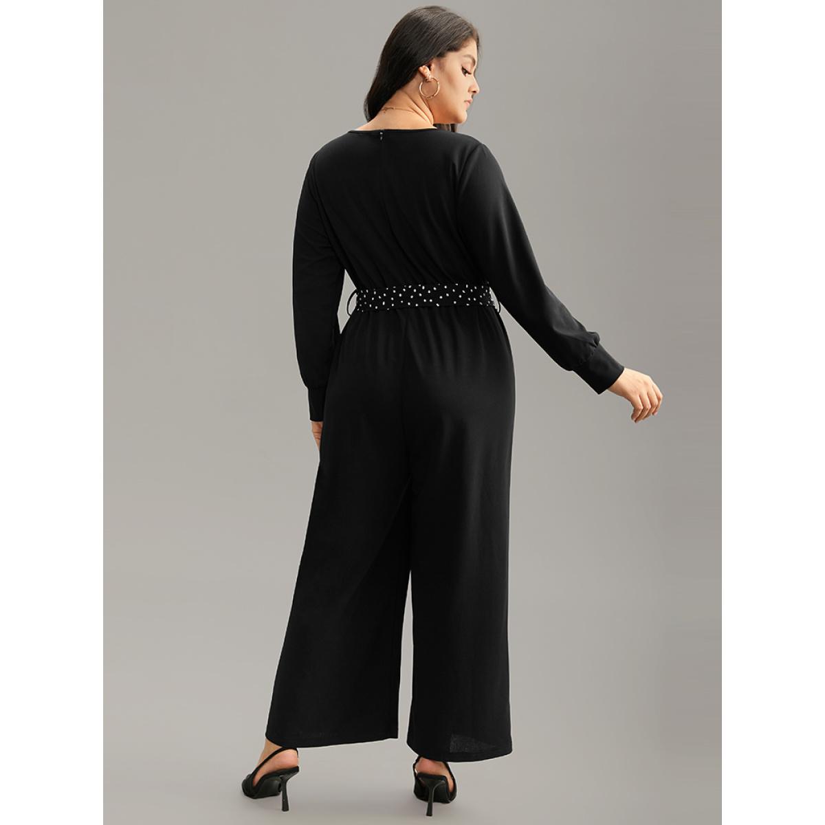 Plus Size Black Polka Dot Belted Pocket Elastic Waist Jumpsuit Women Casual Long Sleeve Round Neck Everyday Loose Jumpsuits BloomChic 14-16/1X Product Image