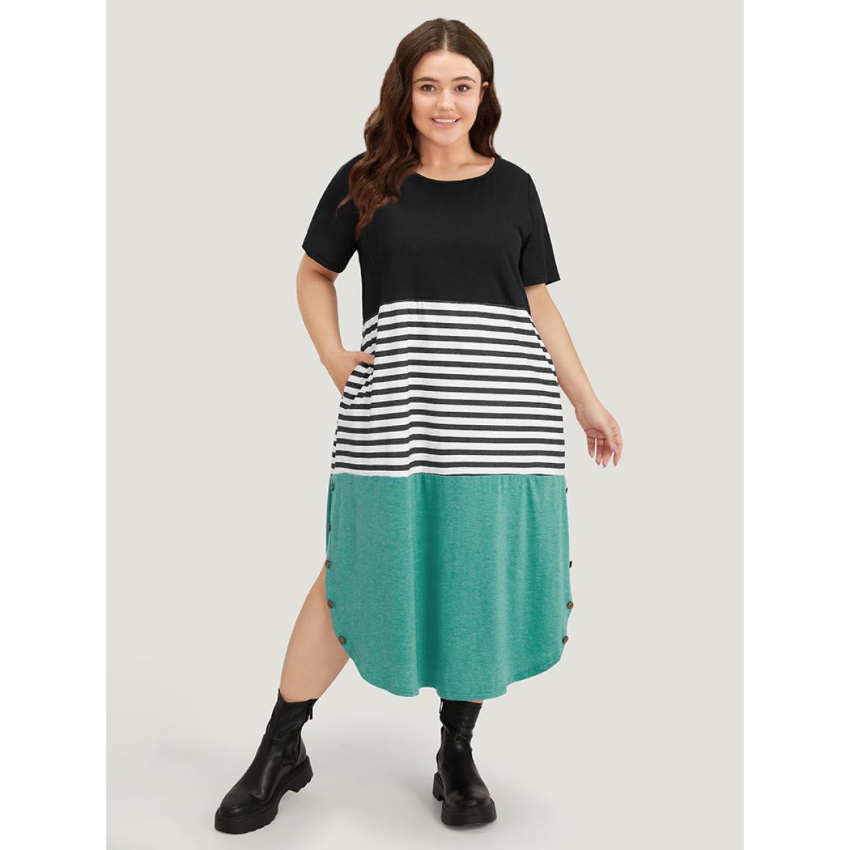 Plus Size Supersoft Essentials Striped Colorblock Arc Hem Button Detail Dress Black Women Casual Arc Hem Round Neck Short sleeve Curvy Midi Dress BloomChic 30/6X Product Image