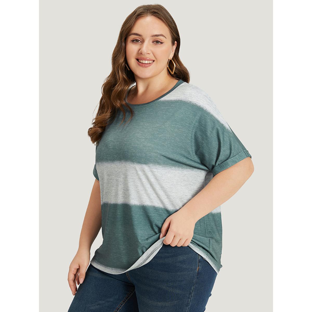 Plus Size Striped Contrast Roll Dolman Sleeve T-shirt DimGray Women Casual Contrast Striped Round Neck Everyday T-shirts BloomChic 30/6X Product Image