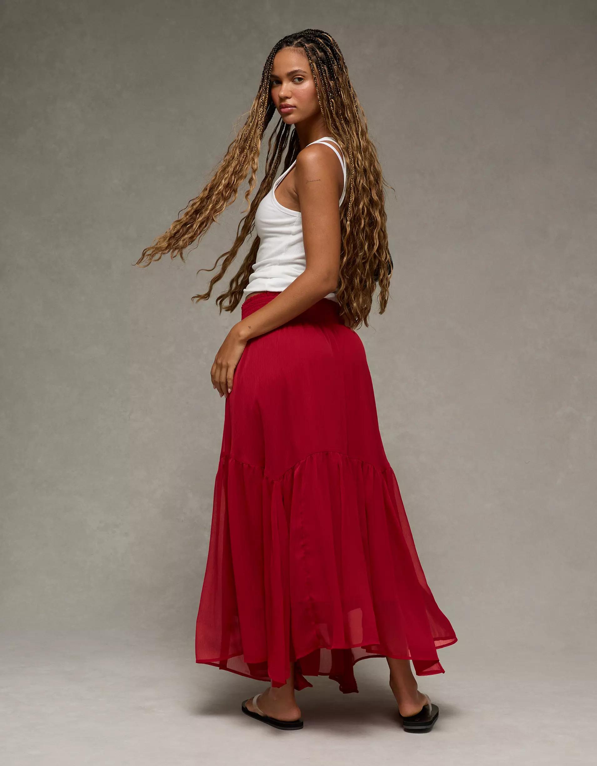 AE Smocked Handkerchief Hem Maxi Skirt Product Image
