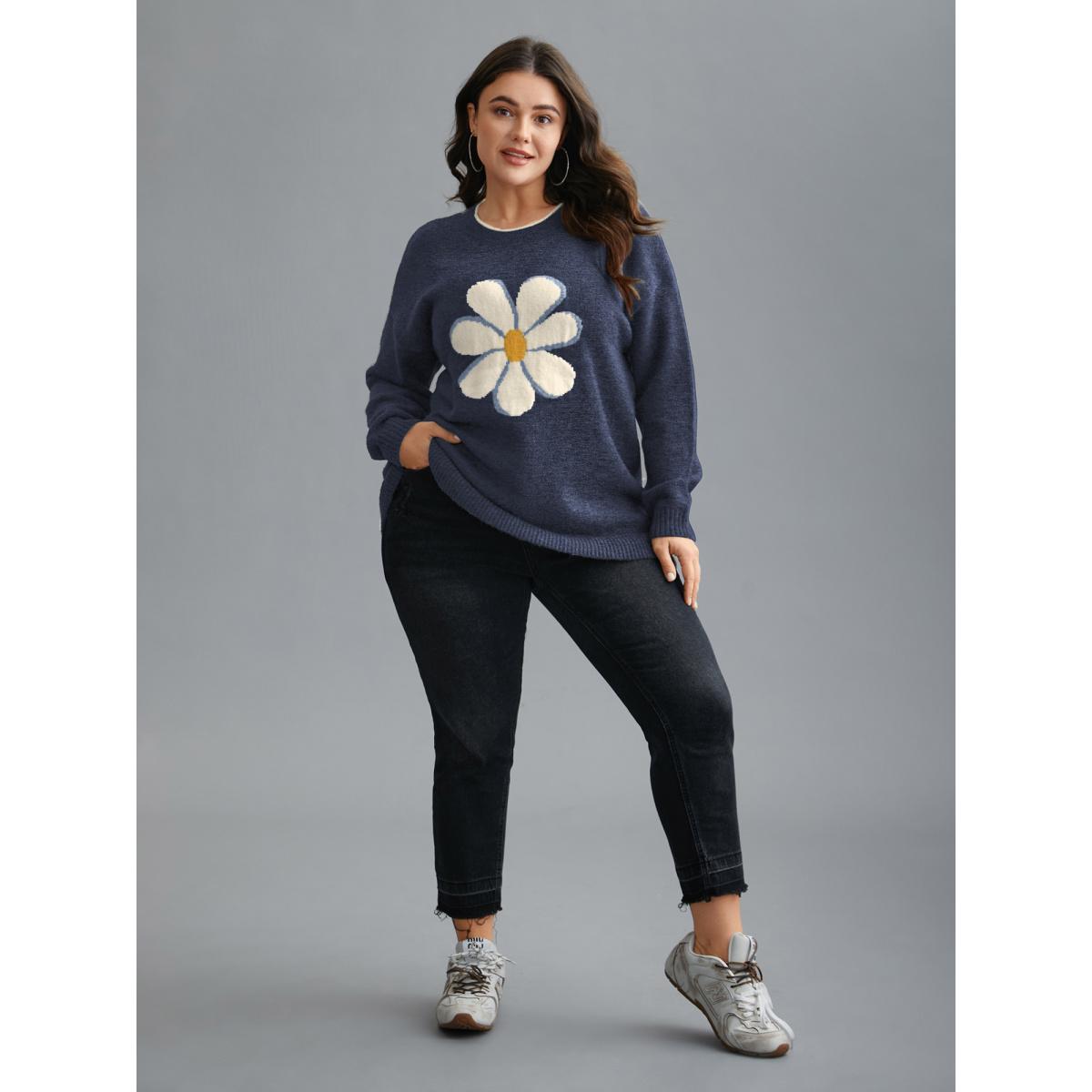 Plus Size Floral Textured Crew Neck Pullover Indigo Women Casual Loose Long Sleeve Round Neck Everyday Pullovers BloomChic 30/6X Product Image
