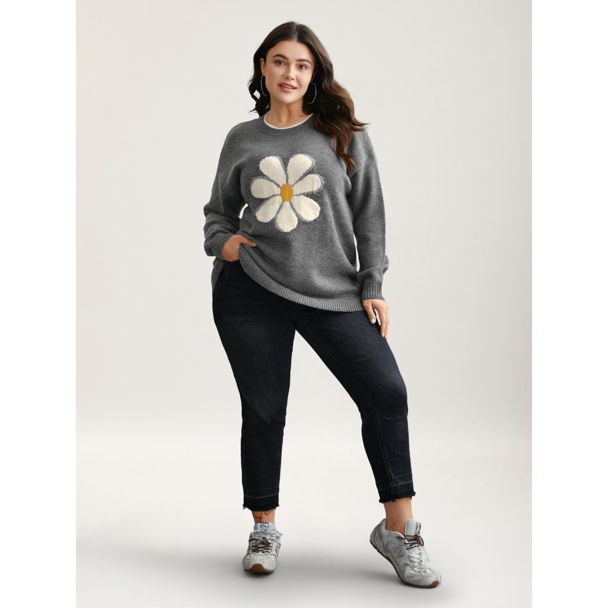 Plus Size Floral Textured Crew Neck Pullover DarkGray Women Playful Loose Long Sleeve Round Neck Casual Pullovers BloomChic 22-24/3X Product Image