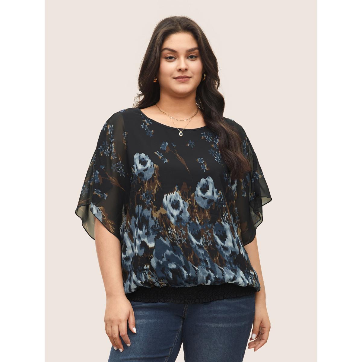 Plus Size Black Pixel Flower Shirred Batwing Sleeve Blouse Women Romantic Half Sleeve U-neck Elegant Blouses BloomChic 12/L Product Image
