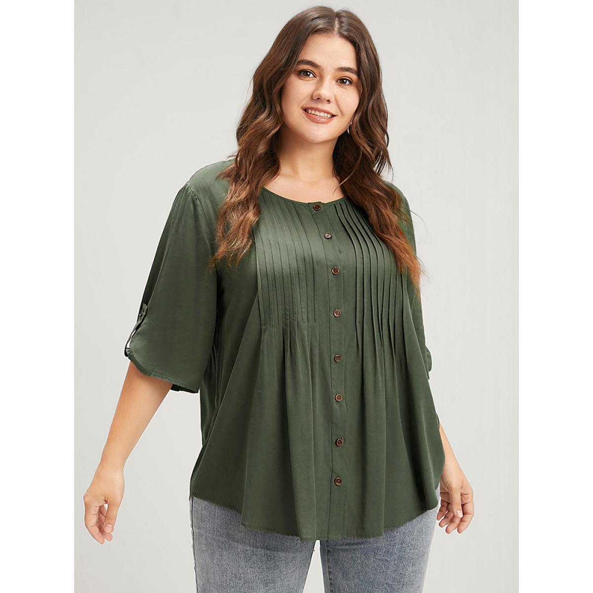 Plus Size ArmyGreen Solid Button Pleated Round Neck Blouse Women Office Short sleeve Round Neck Work Blouses BloomChic 14-16/1X Product Image