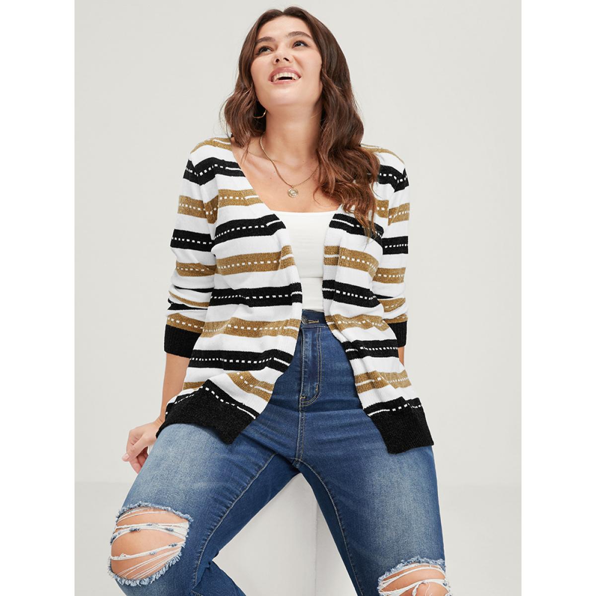 Plus Size Striped Contrast Pointelle Knit Jacquard Open Front Cardigan Multicolor Women Casual Long Sleeve Dailywear Cardigans BloomChic 18-20/2X Product Image