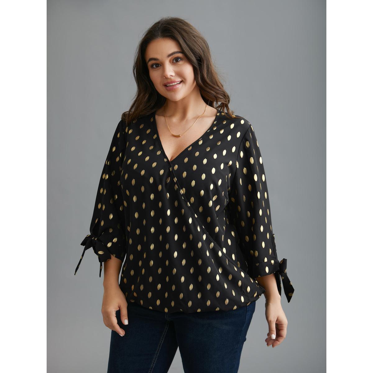Plus Size Black Glitter Overlap Collar Tie Knot Blouse Women Cocktail Elbow-length sleeve Overlap Collar Party Blouses BloomChic 28/5X Product Image